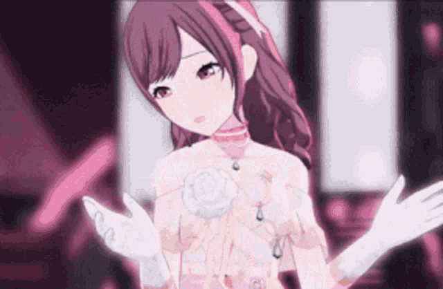 a girl in a pink dress and white gloves is standing in a room .