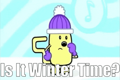 a cartoon character is wearing a purple hat and gloves and the words `` is it winter time ? ''