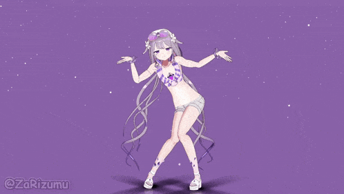 a purple background with a girl in a bikini and the hashtag @zarizumu