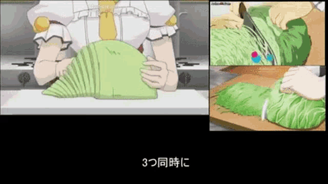 a collage of three pictures of a person cutting vegetables with chinese writing on the bottom right
