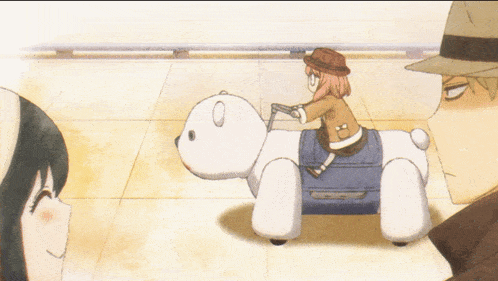 a cartoon of a girl riding on the back of a white bear