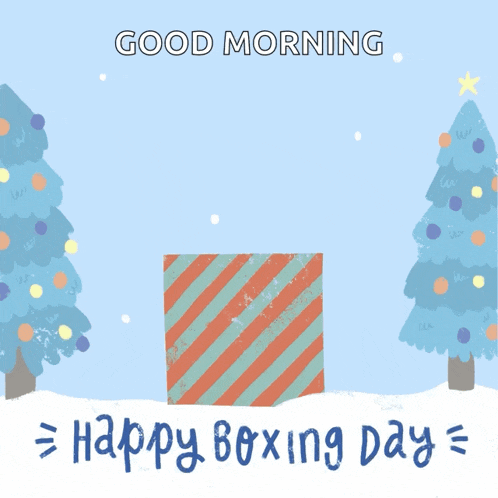 a greeting card for boxing day with a stack of presents in a box