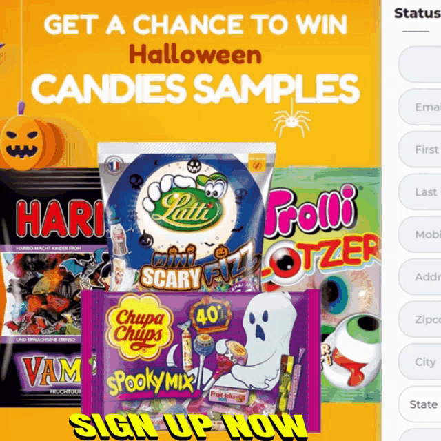 an advertisement for halloween candies samples with a sign up form
