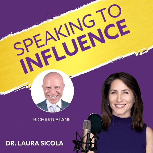 a woman is holding a microphone in front of a banner that says speaking to influence
