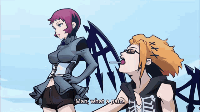 a man and a woman are standing next to each other and the man is saying man what a pain