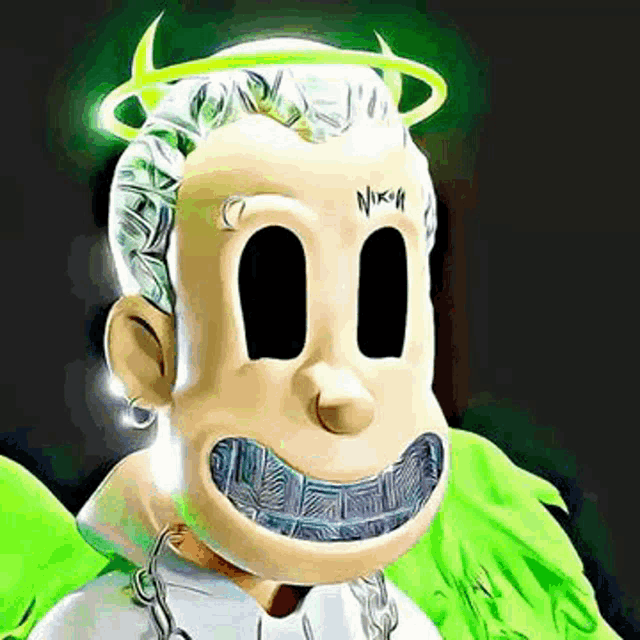 a cartoon character with green wings and a halo on his head has the word nik on his forehead