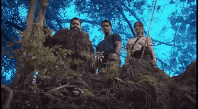 a group of people standing on top of a tree in the woods