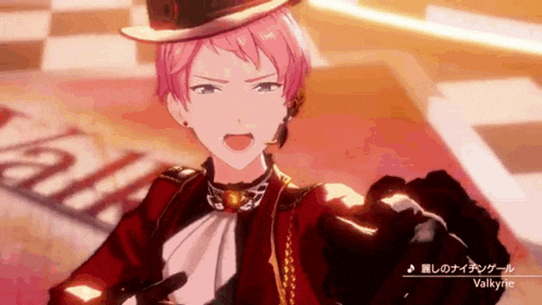 a boy with pink hair is wearing a red jacket and a hat .