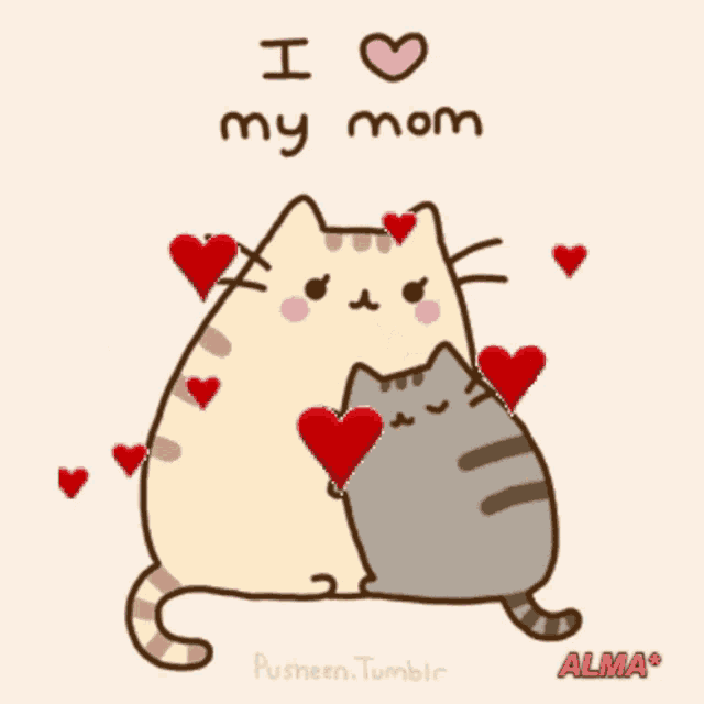 a cartoon of a cat hugging another cat with the words i love my mom