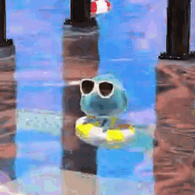 a stuffed animal is wearing sunglasses and a life preserver in a swimming pool .