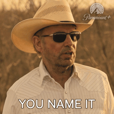 a man wearing a cowboy hat and sunglasses has the words you name it below him