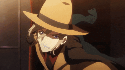 a cartoon character wearing a hat and a coat looks at the camera