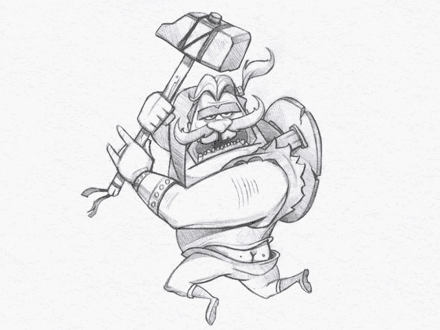 a black and white drawing of a cartoon character holding a sword and shield .