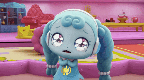a cartoon character wearing headphones and pearls has a sad expression on her face