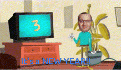 a cartoon of a man in a party hat with the words " it 's a new year "