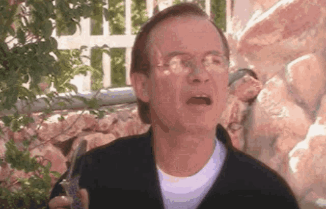 a man wearing glasses and a black jacket is standing in front of a rock wall and talking .