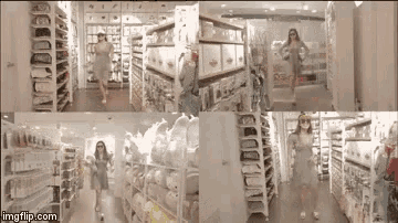 a collage of images of a woman walking through a store