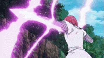a person in a white shirt is standing in front of a purple lightning storm .