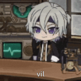 a cartoon character with white hair and purple eyes is sitting at a table with the word vil written on it .