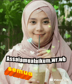 a woman in a hijab is drinking through a straw with the words assalamualaikum wr.wb written above her