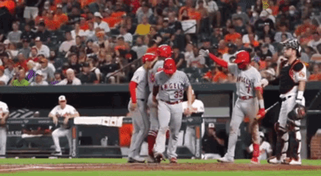 a baseball player with the number 35 on his jersey is being helped by his teammates