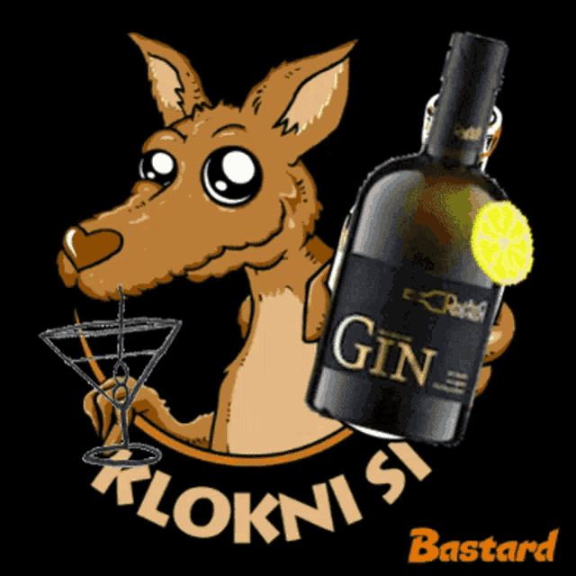 a kangaroo with a martini glass and a bottle of gin
