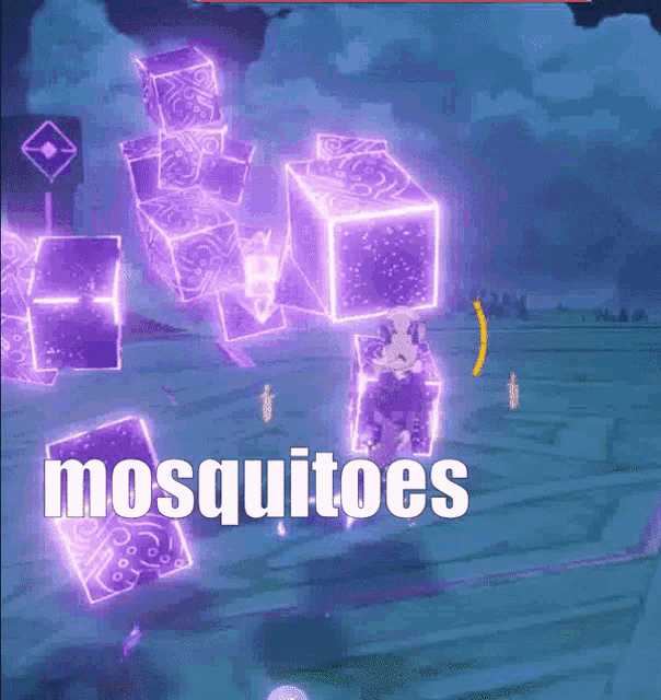 a video game screen shows purple cubes and the word mosquitoes in white letters