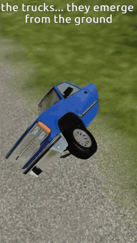 a blue truck with a license plate that says helping is upside down
