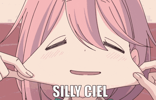 a girl with pink hair is making a face and the words silly ciel are above her face
