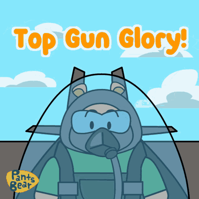 a pants bear cartoon says top gun glory in orange
