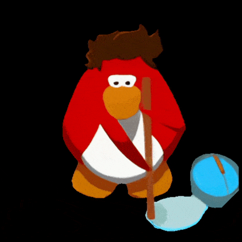 a red penguin is holding a shovel and a bucket
