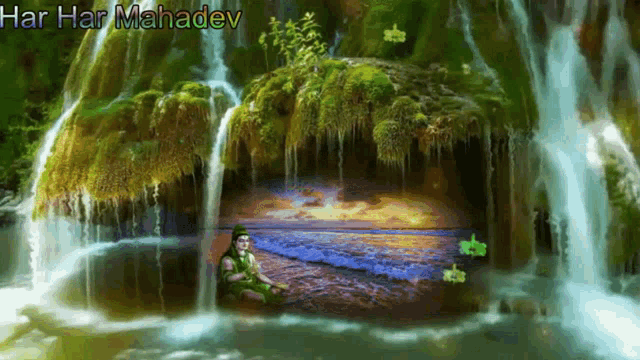 a painting of a waterfall with har har mahadev written on the bottom