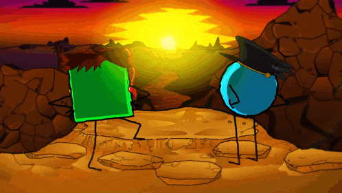 a cartoon of a man and a blue balloon standing next to each other
