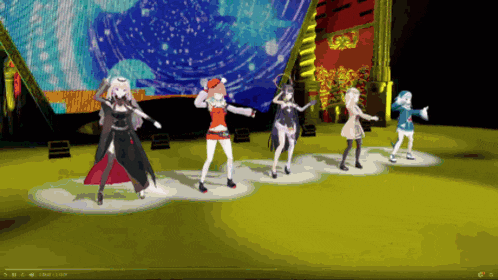 a group of anime characters are dancing on stage