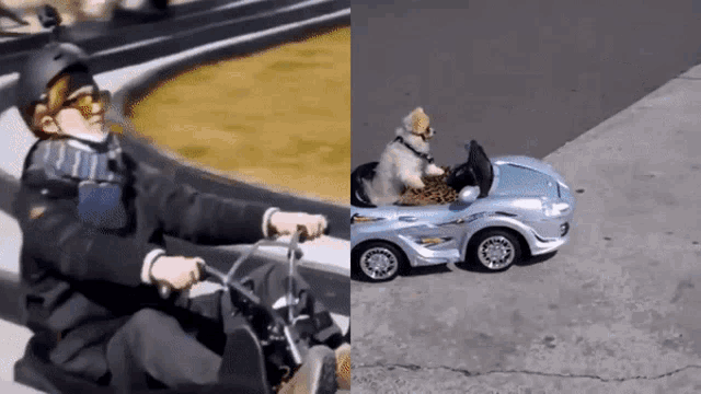 a man and a dog are riding a toy car on the street