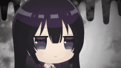 a cartoon girl with purple hair and a white shirt