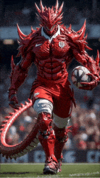 a man in a red shirt with the word rugby on it is holding a ball
