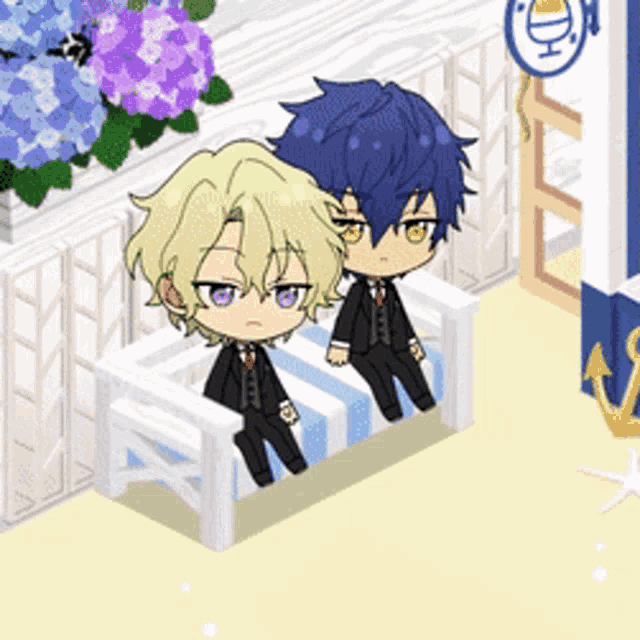 a couple of anime characters sitting on a couch with a purple flower in the background