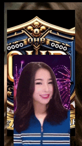a woman is smiling in front of a shield that says ohb on it