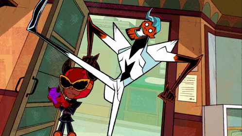 a cartoon drawing of a man in a white suit and a woman in a red dress
