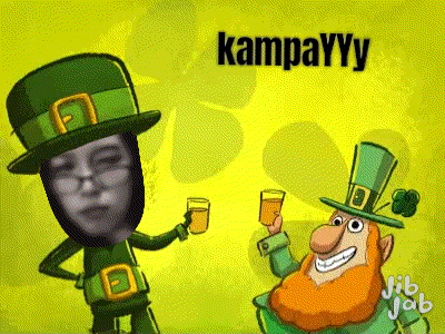 a cartoon of a leprechaun holding a glass of beer and another leprechaun holding a glass of beer