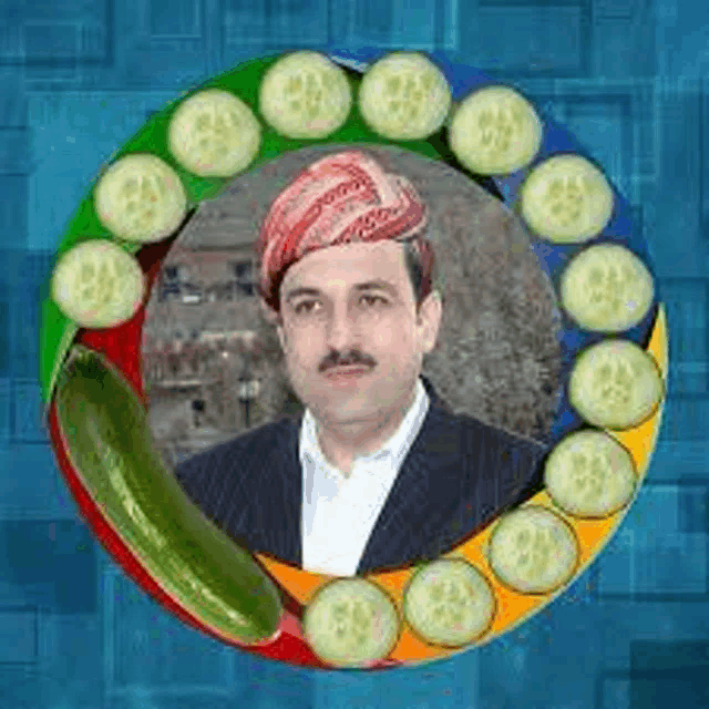 a man in a suit is surrounded by cucumbers in a colorful circle .