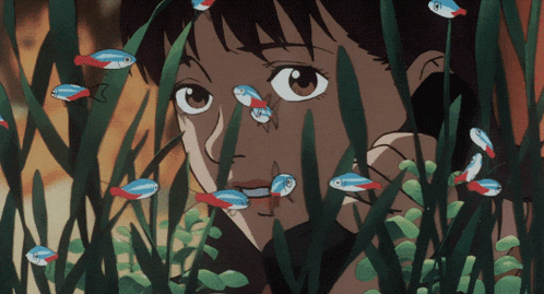 a cartoon drawing of a girl surrounded by fish and plants