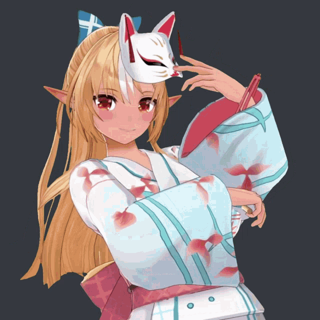 a 3d anime girl wearing a fox mask holds a fan