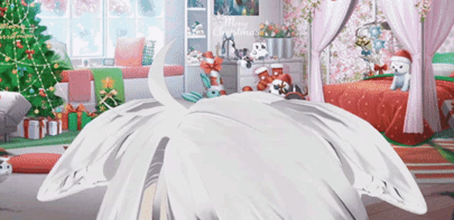 a room decorated for christmas with a canopy bed