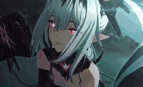 a girl with white hair and red eyes is looking at the camera