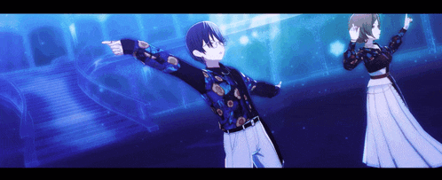 a man and a woman are dancing in a dark room