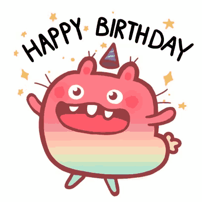 a happy birthday sticker with a cartoon cat wearing a party hat .