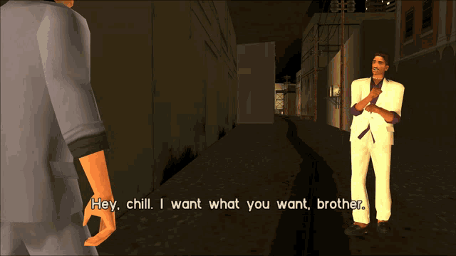 a man in a white suit is talking to another man in a grey shirt in a video game