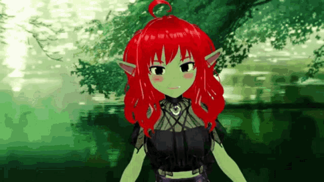 a girl with red hair and green ears is standing in the woods